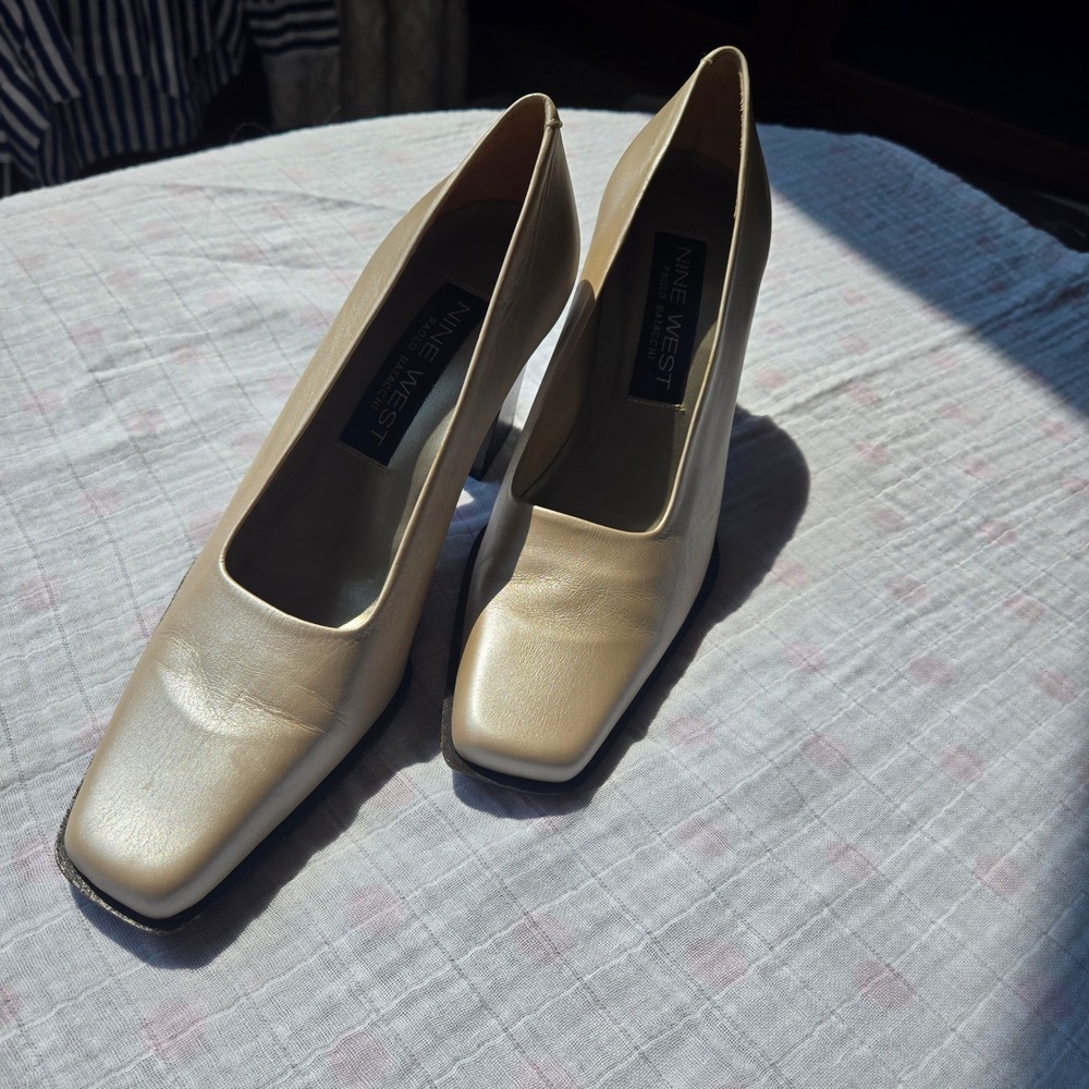 Nine West Paolo Batacchi pearl Leather Square Toe Block Heel Pumps Spain vintage